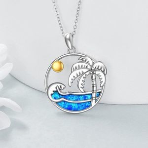 YAFEINI Palm Tree  925 Sterling Silver Palm Tree Pendant Opal Wave Necklace